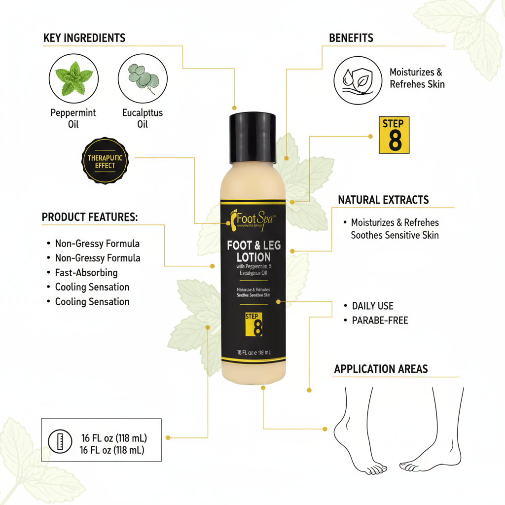 Foot SPA - Loción de masaje terapéutico curativo de 4 oz - con menta y eucalipto - Pedicura corporal profesional y manicura con aceite caliente infundida con aceites naturales y vitaminas