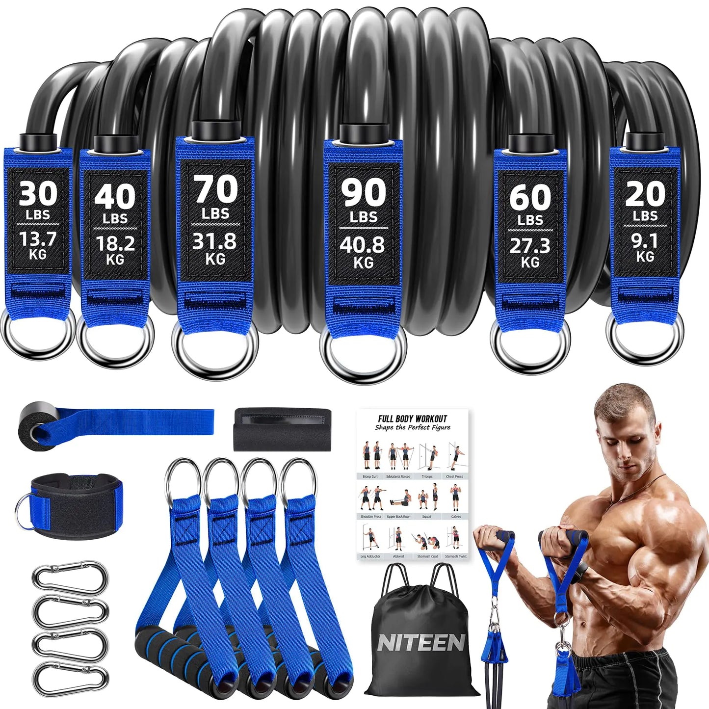 Heavy Resistance Bands for Working Out NITEEN Resistance Bands with Handles Weight Exercise Bands for Men Women Workout Bands with Door Anchor and Ankle Straps Strength Training Equipment