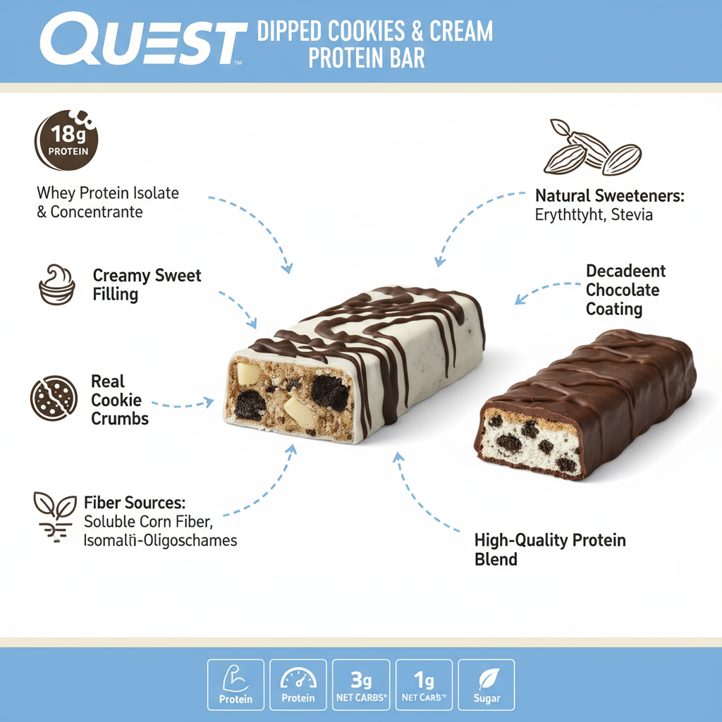 Quest Nutrition Dipped Chocolate Cookies & Cream Protein Bars High Protein Low Carb Gluten Free Keto Friendly 12 Count