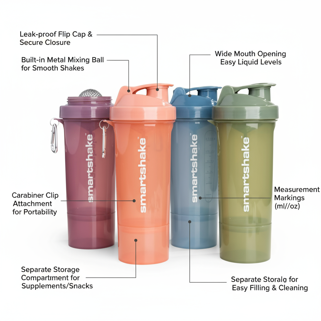 Smartshake Protein Shaker Bottle for Protein Mixes - 4 Pack - 13.5 oz | Leak Proof Shaker Cups for Protein Shakes | Blender Bottle Shaker | Protein Shaker Bottle Pack | Storage Container – Multicolor