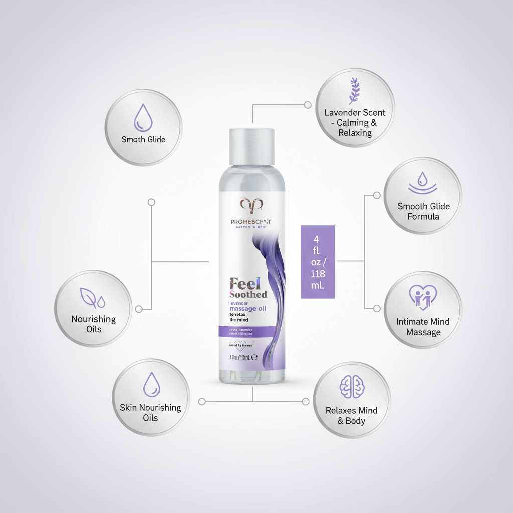 Aceite de masaje de lavanda Promescent para terapia de masajes. Aceites de masaje para citas nocturnas. Aceite corporal de lavanda premium para hombres y mujeres para aliviar el estrés y los músculos doloridos. Aceites esenciales para la piel (113 g).