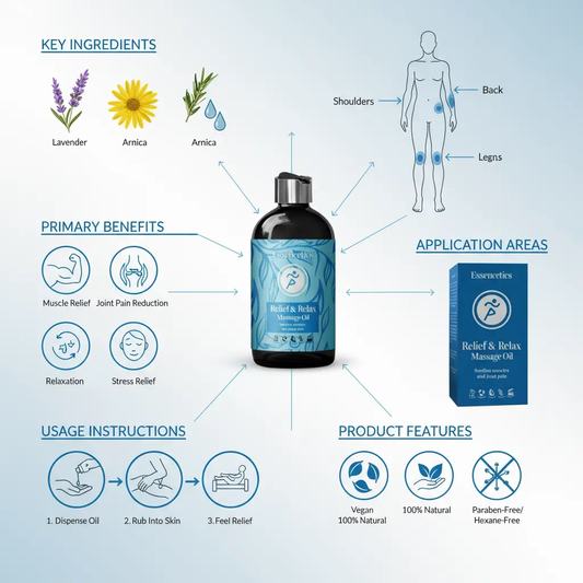 Essencetics 8 oz - Relief & Relax Sore Muscle Massage Oil with 100% Pure Arnica Lavender & Rosemary Oils - Soothes Muscles & Joint with Relaxing Massage Oil for Massage Therapy The Blue Coil