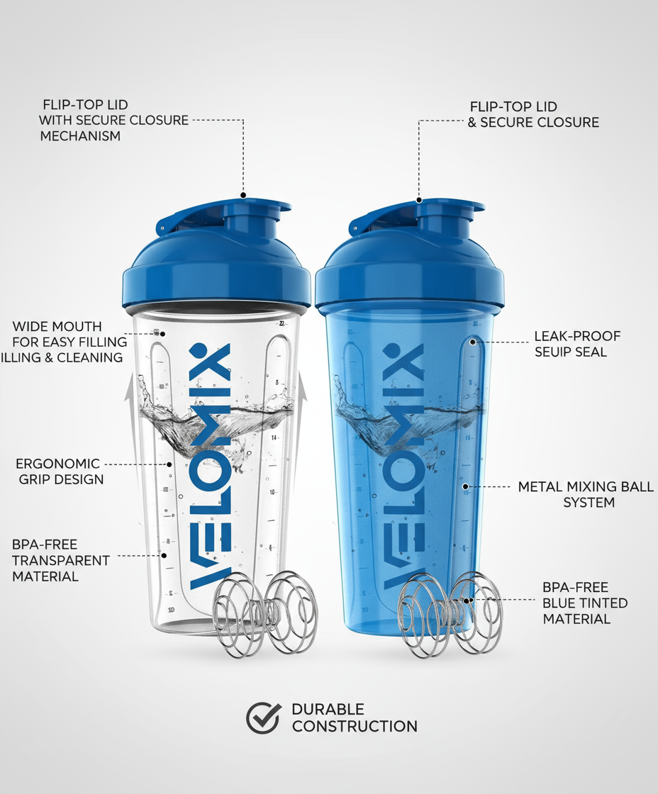 VELOMIX -2 Pack- 28 oz Protein Shaker Bottles for Protein Mixes - 2x Wire Whisk | Leak Proof Shaker Cups for Protein Shakes | Protein Shaker Bottle Pack | Shakers for Protein Shakes-Blue&Transparent