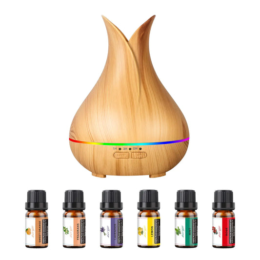 Grevol Aromatherapy Diffuser with Essential Oils Included 150ml Small Cute Aroma Diffuser with 15 Color LED Light&3 Times Waterless Auto Off Essential Oil Diffusers for Home Bedroom(Wood)