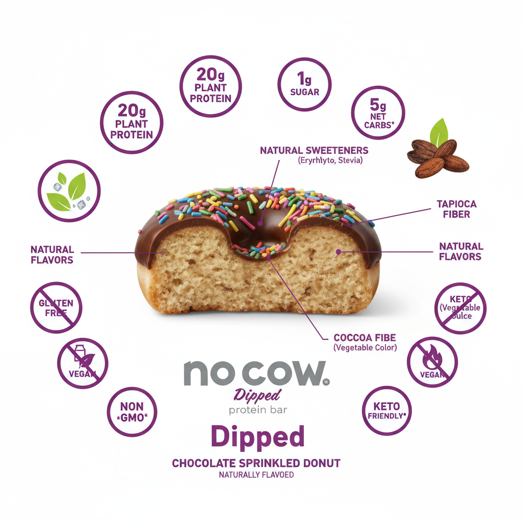 No Cow High Protein Bars Chocolate Sprinkled Donut - Healthy Snacks 20g Vegan Protein High Fiber Low Sugar Keto Friendly Dairy & Gluten Free (12 Count)