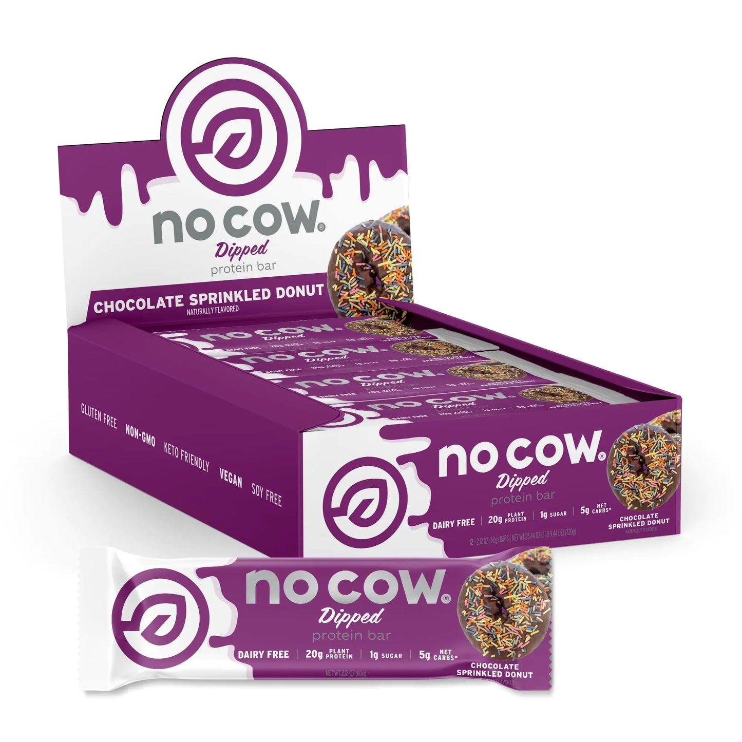No Cow High Protein Bars Chocolate Sprinkled Donut - Healthy Snacks 20g Vegan Protein High Fiber Low Sugar Keto Friendly Dairy & Gluten Free (12 Count)
