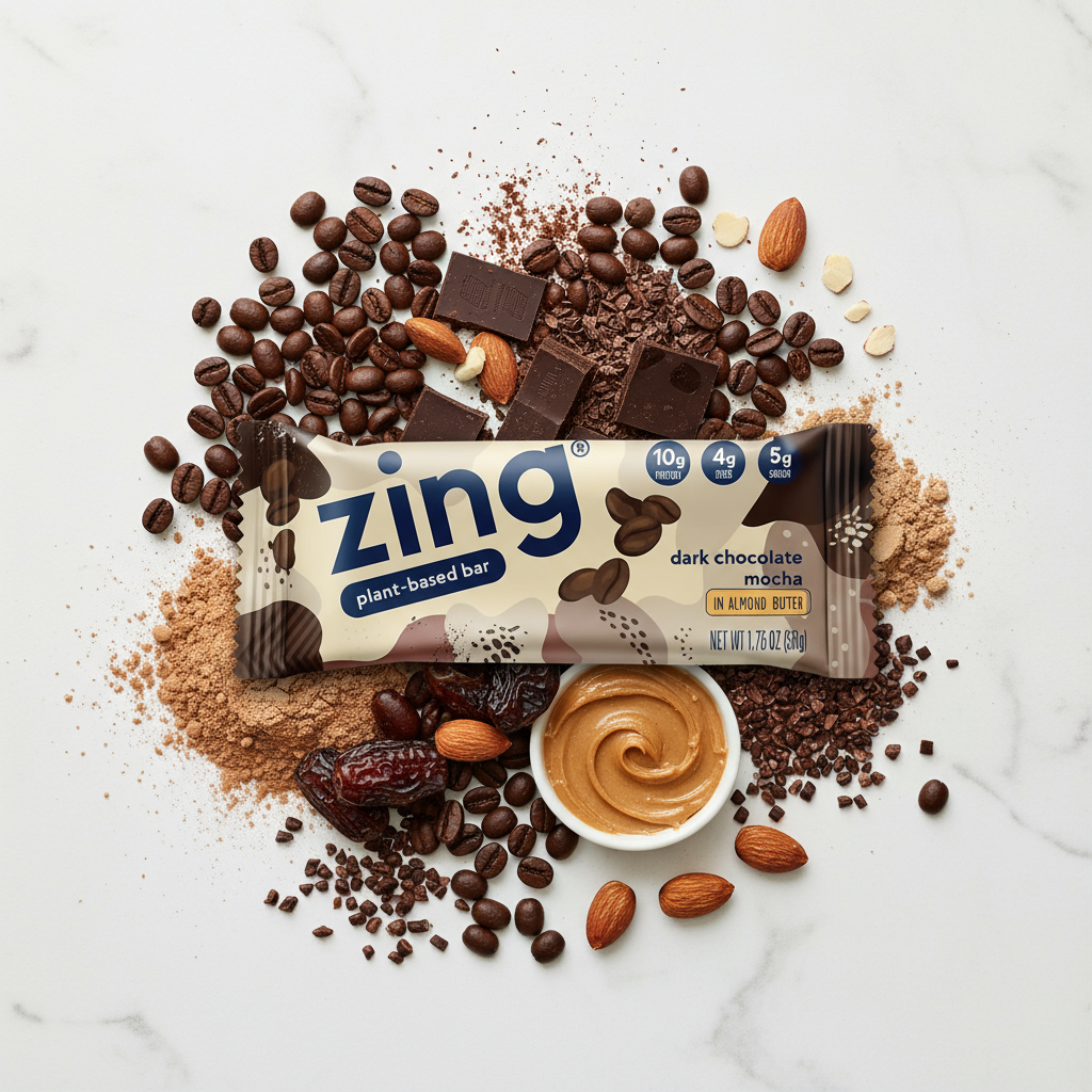 Zing Dark Chocolate Mocha Vegan Protein Bars Gluten Free with High Protein High Fiber Dairy Free Nutrition Bars Plant Based Protein Kosher Low Sugar No Sugar Alcohols - 12 count