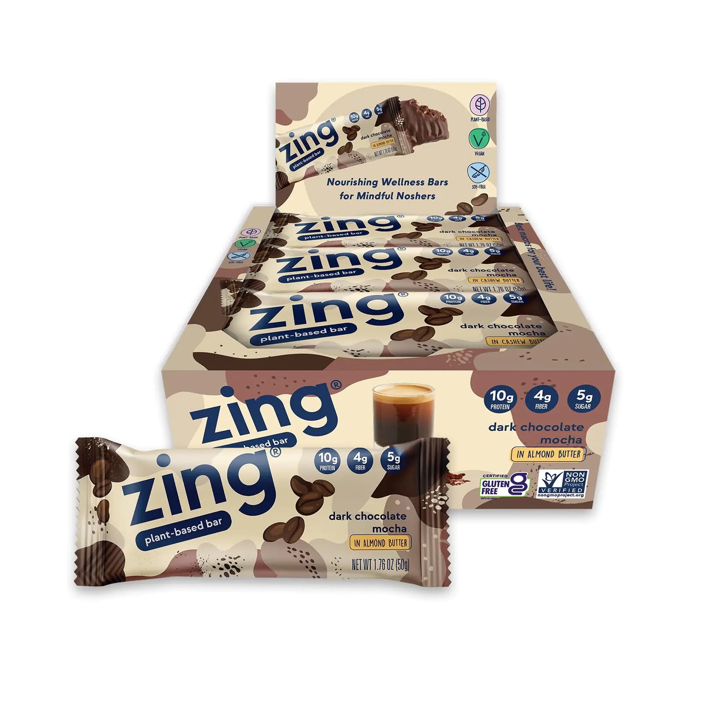 Zing Dark Chocolate Mocha Vegan Protein Bars Gluten Free with High Protein High Fiber Dairy Free Nutrition Bars Plant Based Protein Kosher Low Sugar No Sugar Alcohols - 12 count