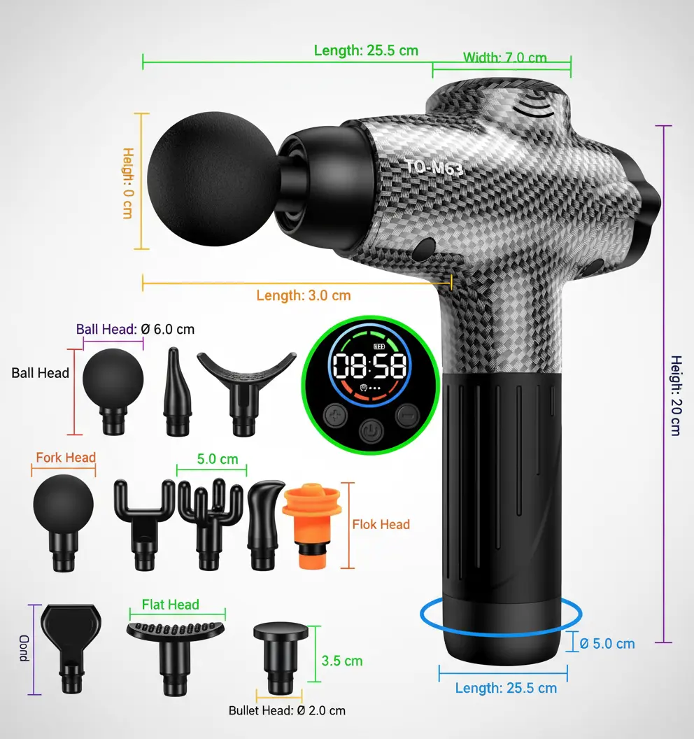 TOLOCO Massage Gun Muscle Massage Gun Deep Tissue Percussion Massage Gun with 12 Replacement Heads Super Quiet Portable Electric Massager for Athletes Treatment Relax Carbon The Blue Coil