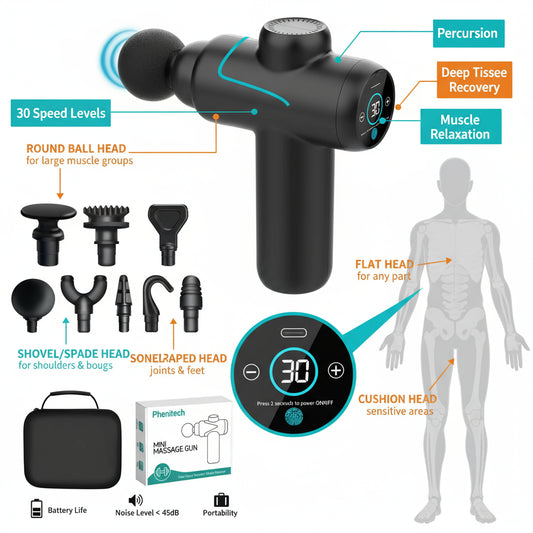 Mini Massage Gun - Massage Gun Deep Tissue Percussion Muscle Massager Gun For Athletes Muscle Massage Gun For Back Pain Relief With 8 Heads 30 Speeds Hand Held Massager with LCD Touch Screen & Case