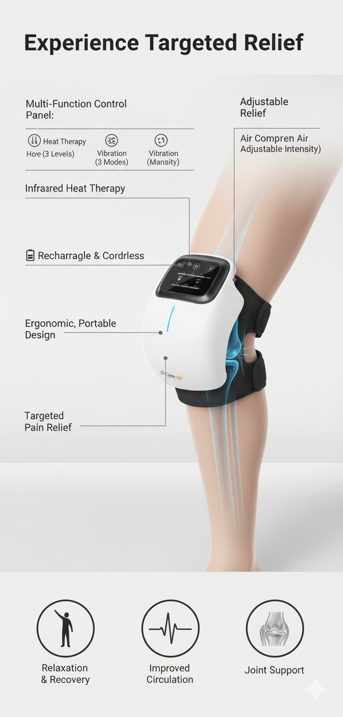 Masajeador de rodillas inalámbrico Careella con calor, vibración, correas ajustables, diseño inalámbrico y luz suave. Almohadilla térmica para rigidez en articulaciones, músculos y rodillas. Dispositivo de masaje portátil.