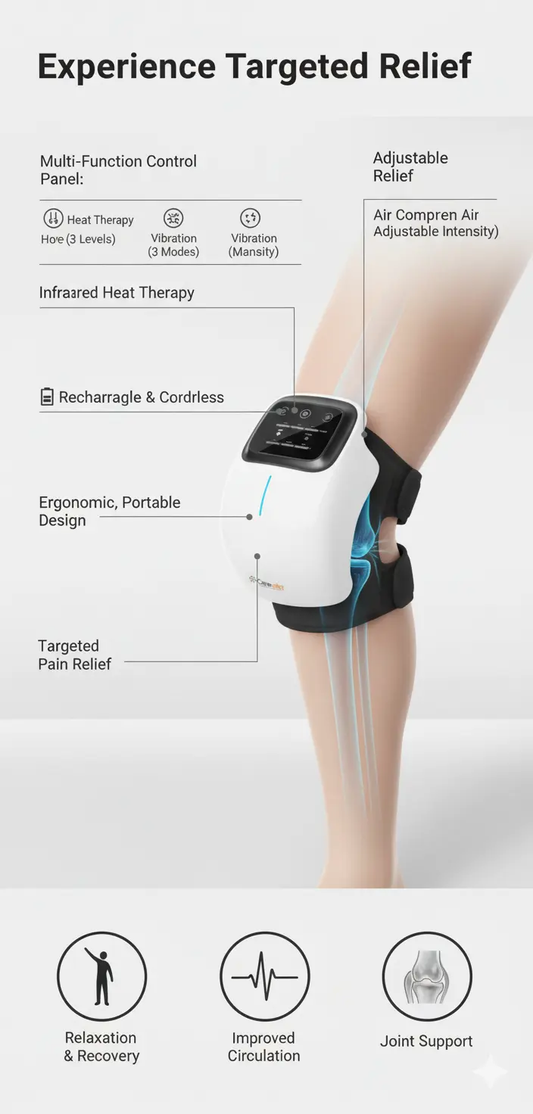 Careella Wireless Knee Massager with Heat Comfort Vibration Adjustable Straps Cordless Design & Gentle Light – Heating Pad for Stiff Joints Muscles and Knees – Portable Massage Device The Blue Coil