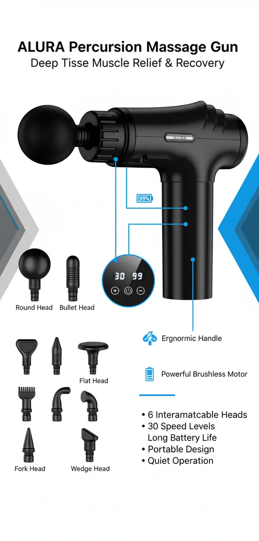 AYURA Massage Gun Deep Tissue Percussion Muscle Massager Gun Handheld Back Massager for Pain Relief Mini Massage Gun with 30 Speeds and 6 Heads for Athletes Men Women The Blue Coil