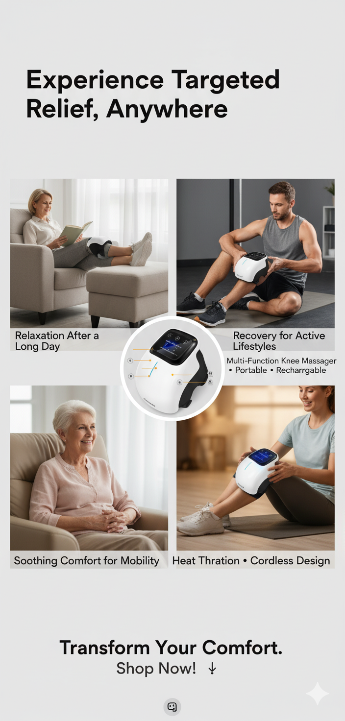 Masajeador de rodillas inalámbrico Careella con calor, vibración, correas ajustables, diseño inalámbrico y luz suave. Almohadilla térmica para rigidez en articulaciones, músculos y rodillas. Dispositivo de masaje portátil.