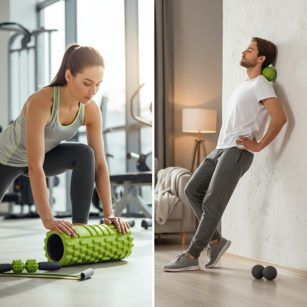 321 STRONG 5 in 1 Foam Roller Set Includes Hollow Core Massage Roller with End Caps Muscle Roller Stick Stretching Strap Double Lacrosse Peanut Spikey Plantar Fasciitis Ball All in Giftable Box - The Blue Coil