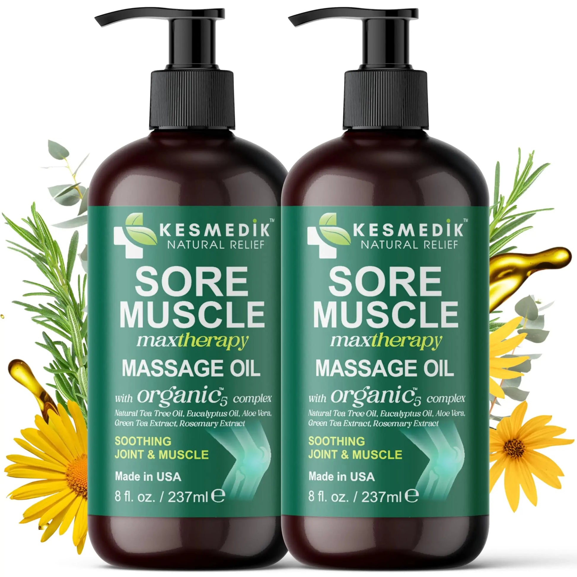 KESMEDIK Sore Muscle Massage Oil – Deep Muscle Relief for Relaxing Massage Therapy Lymphatic Drainage Knots and Soothing – with Arnica & Essential Oils – 8 fl oz (Pack of 2) The Blue Coil