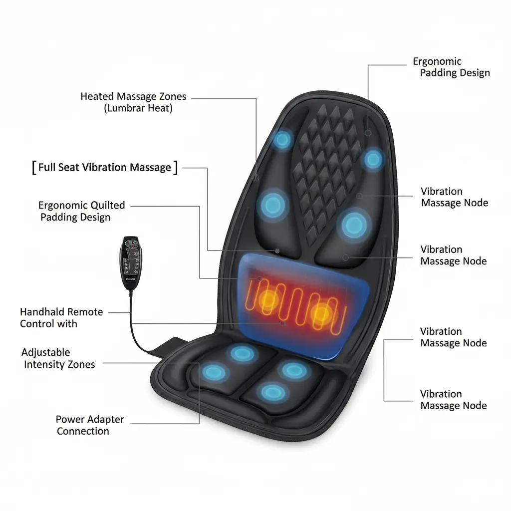 Back Massager with Heat Massage Seat Cushion with 3D Lumbar Traction 10 Vibrating Motors Massager Chair Pad for Full Body Pain Relief and Home Use The Blue Coil