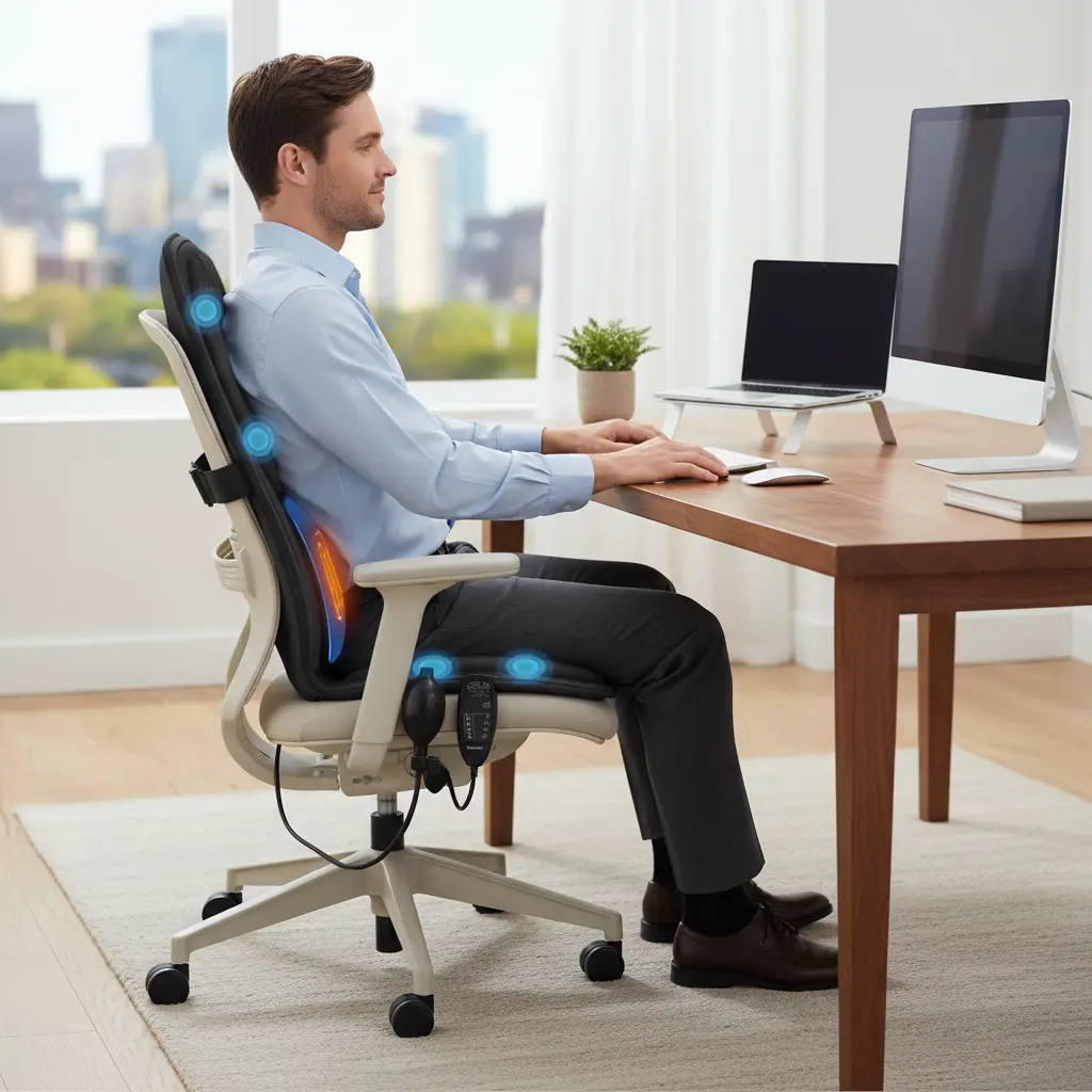 Back Massager with Heat Massage Seat Cushion with 3D Lumbar Traction 10 Vibrating Motors Massager Chair Pad for Full Body Pain Relief and Home Use The Blue Coil