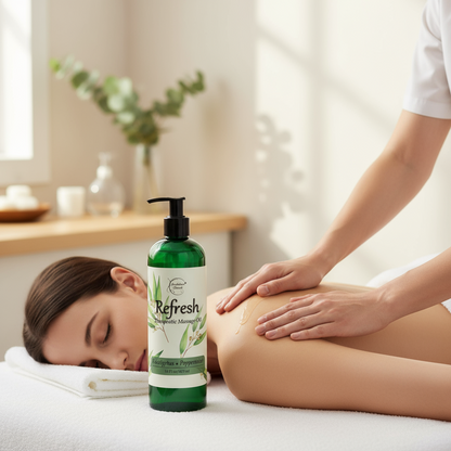 Refresh Massage Oil for Massage Therapy with Eucalyptus & Peppermint Essential Oils - All Natural Great for Sore Muscles. Ideal for Full Body Relaxation – Nut Free Formula 16oz