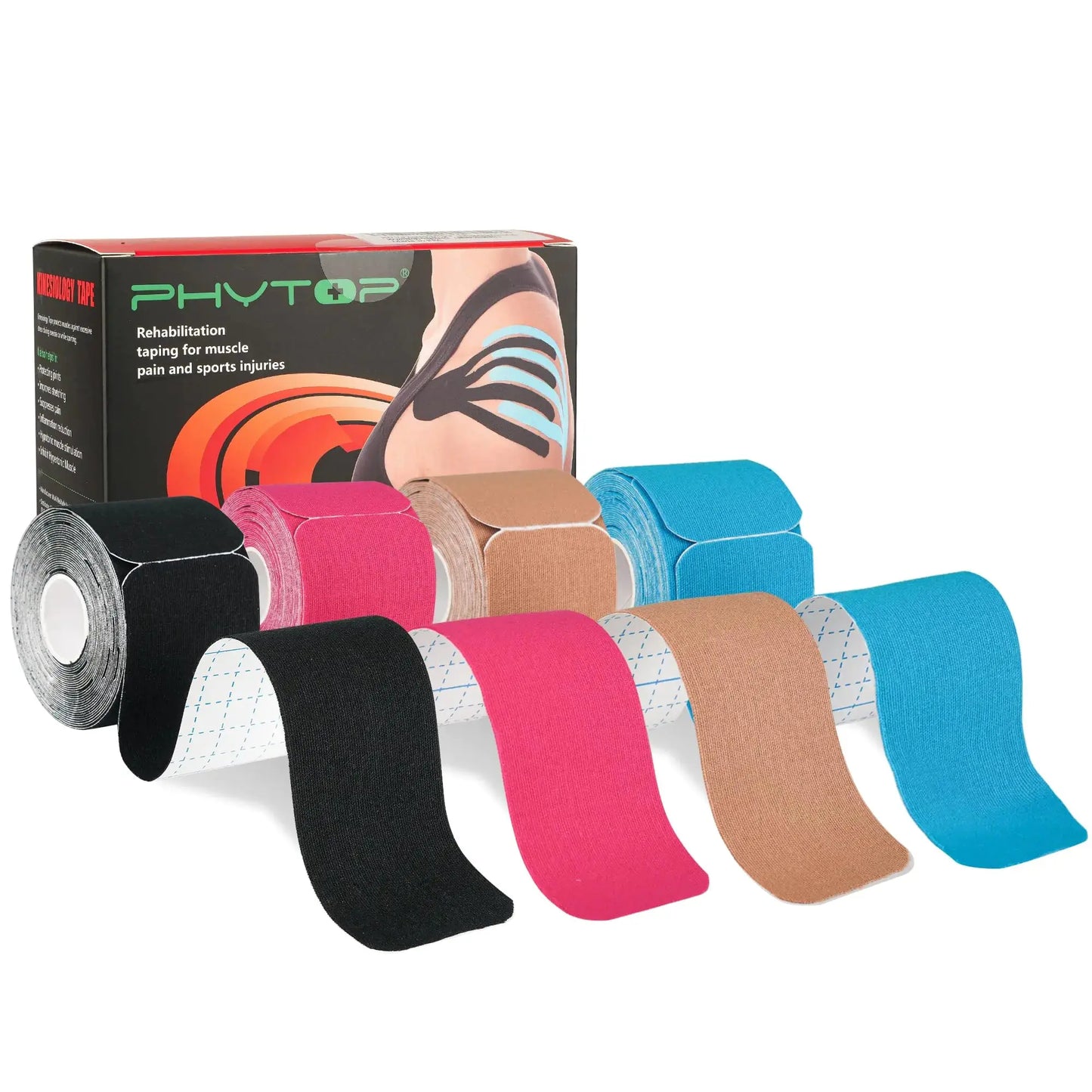 PHYTOP Kinesiology Tape - 80 Count Precut Strips (10" x 2") - Mixed Color K Tape for Muscle Joints Sports & Physical Therapy (Black，Beige，Light Blue，Pink) The Blue Coil