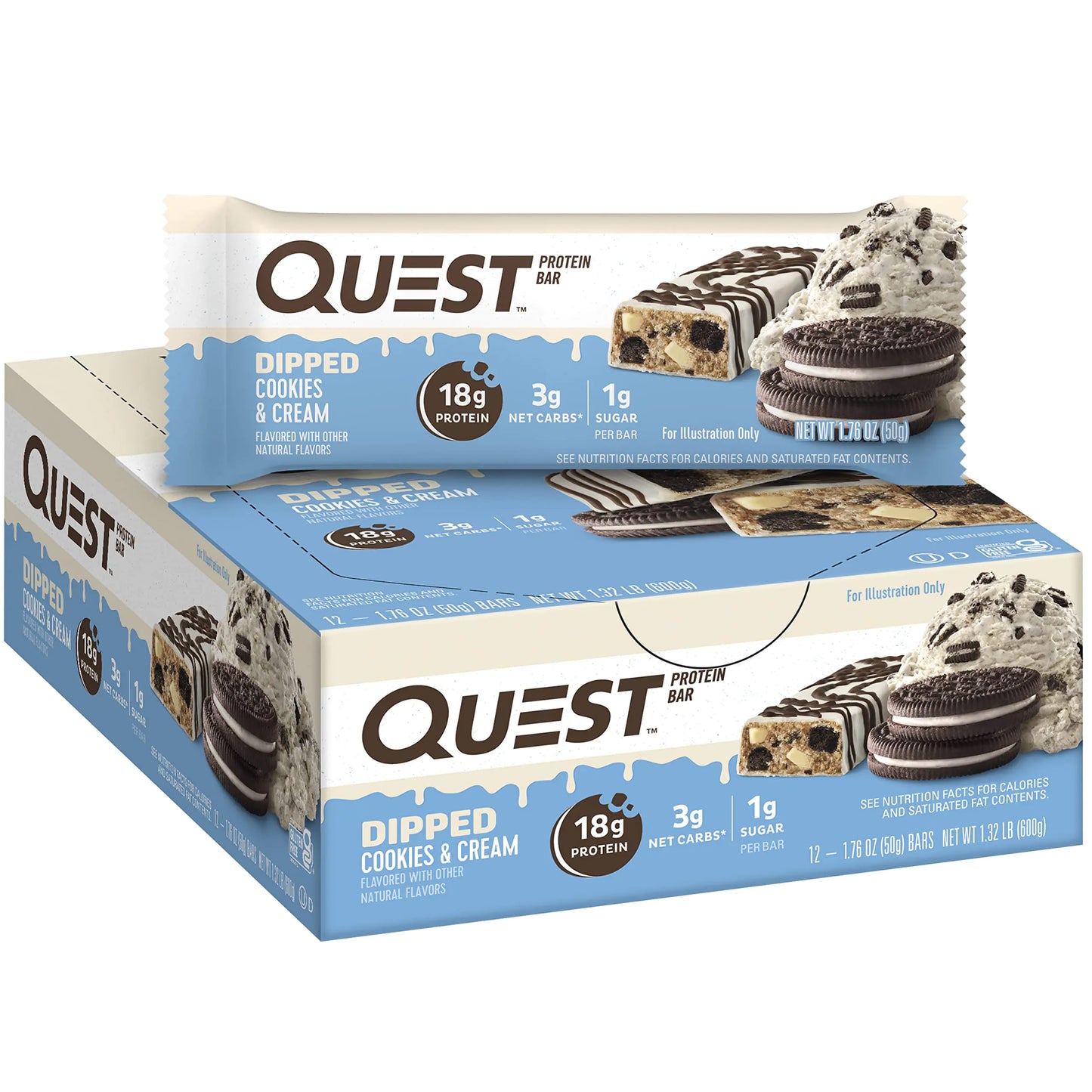 Quest Nutrition Dipped Chocolate Cookies & Cream Protein Bars High Protein Low Carb Gluten Free Keto Friendly 12 Count