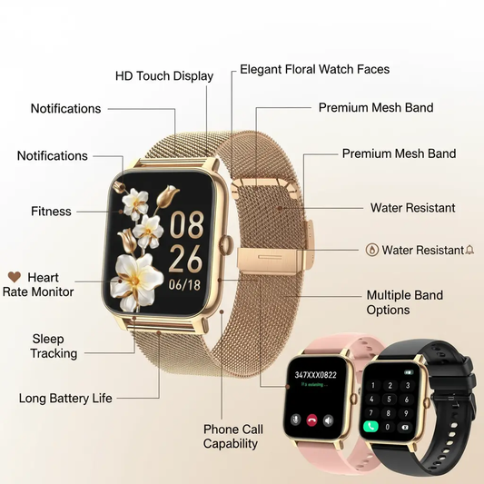 Smart Watch for Women Fitness Tracker: Gold Smart Watches for Women Digital Mens Watches Make/Answer Call Waterproof Running Smartwatch Android Phone iPhone Samsung Compatible Heart Rate Monitor The Blue Coil