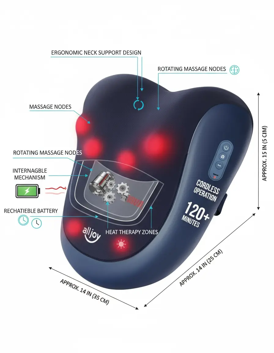 ALLJOY Cordless Back Massager with Heat Shiatsu Neck and Back Massager for Pain Relief Deep Tissue 3D Kneading Massage Pillow for Neck Back and Shoulders Gifts for Men Women The Blue Coil