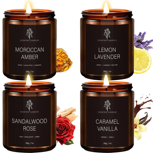4 Pack Scented Candles for Home - 28oz Men Candle Set Scented Candles Set Gifts for Men - Men Candle Gifts Soy Candles Scents of Moroccan Amber/Lemon Lavender/Sandalwood Rose/Caramel Vanilla