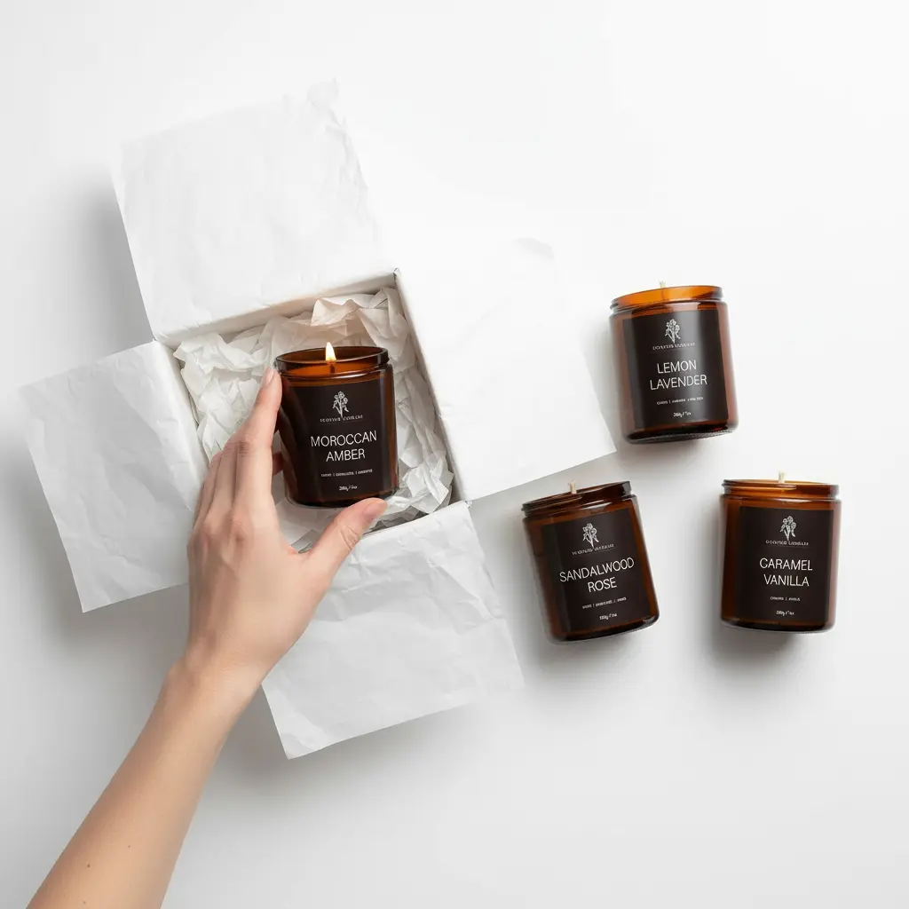 4 Pack Scented Candles for Home - 28oz Men Candle Set Scented Candles Set Gifts for Men - Men Candle Gifts Soy Candles Scents of Moroccan Amber/Lemon Lavender/Sandalwood Rose/Caramel Vanilla The Blue Coil