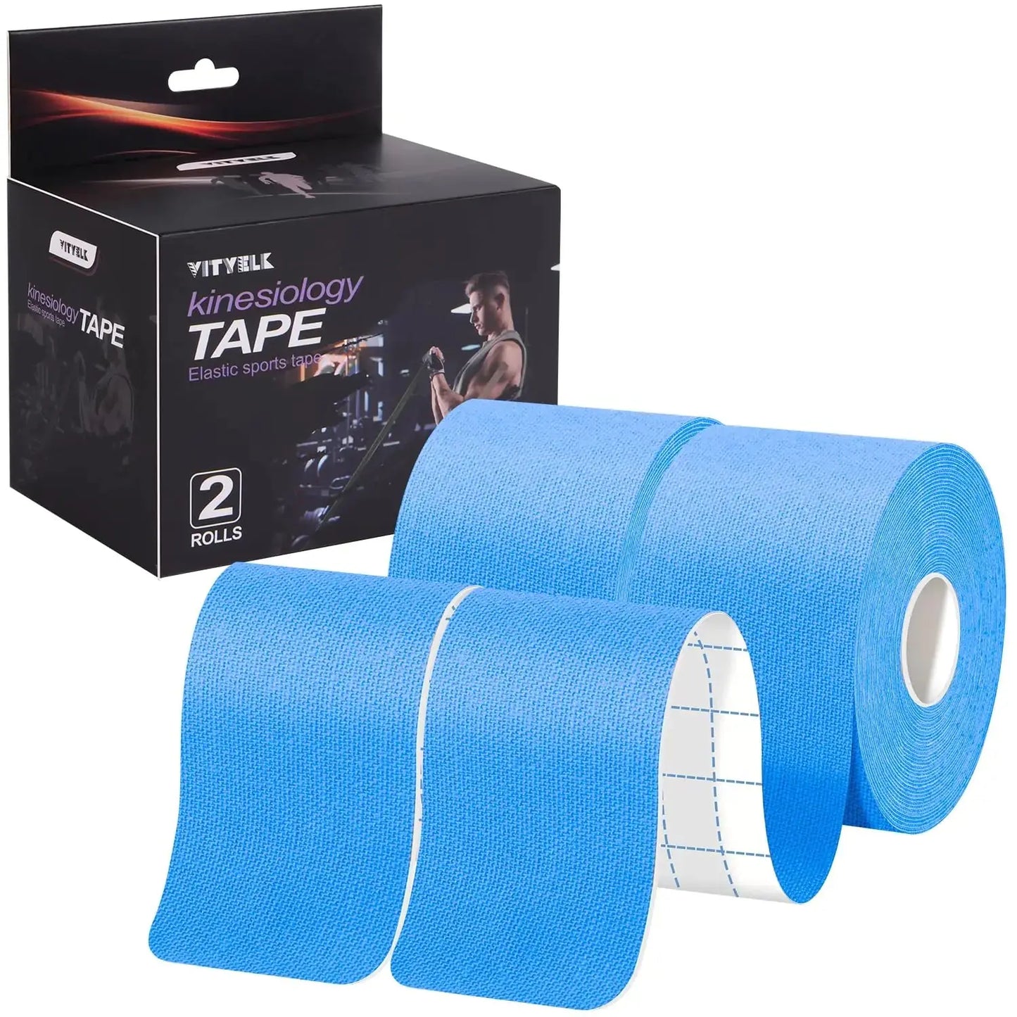VityElk Kinesiology Tape (2 Rolls)，Elastic Premium Uncut Athletic Tape， Hypoallergenic Cotton Waterproof K Tape for Muscle Pain Relief and Joint Support 2inch x 16ft /Roll(Light Blue) The Blue Coil