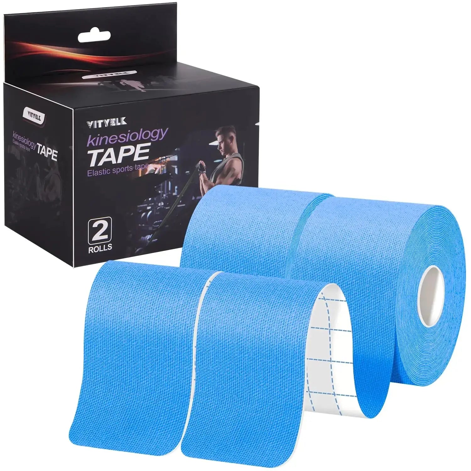 VityElk Kinesiology Tape (2 Rolls)，Elastic Premium Uncut Athletic Tape， Hypoallergenic Cotton Waterproof K Tape for Muscle Pain Relief and Joint Support 2inch x 16ft /Roll(Light Blue) The Blue Coil