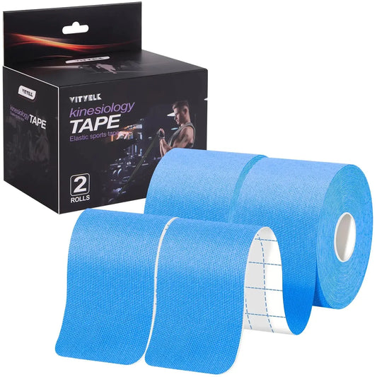 VityElk Kinesiology Tape (2 Rolls)，Elastic Premium Uncut Athletic Tape， Hypoallergenic Cotton Waterproof K Tape for Muscle Pain Relief and Joint Support 2inch x 16ft /Roll(Light Blue) The Blue Coil