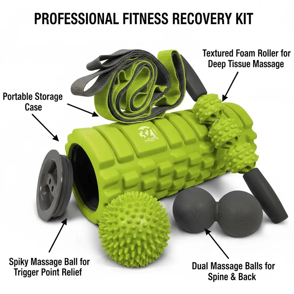 321 STRONG 5 in 1 Foam Roller Set Includes Hollow Core Massage Roller with End Caps Muscle Roller Stick Stretching Strap Double Lacrosse Peanut Spikey Plantar Fasciitis Ball All in Giftable Box The Blue Coil