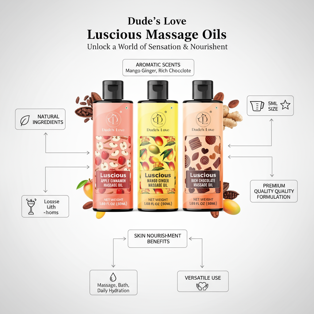 Dudes Love - Aceites de masaje corporal con deliciosos sabores | Relajantes y nutritivos | Paquete de 3 - Manzana, canela, mango, jengibre y chocolate intenso (3 x 50 ml)