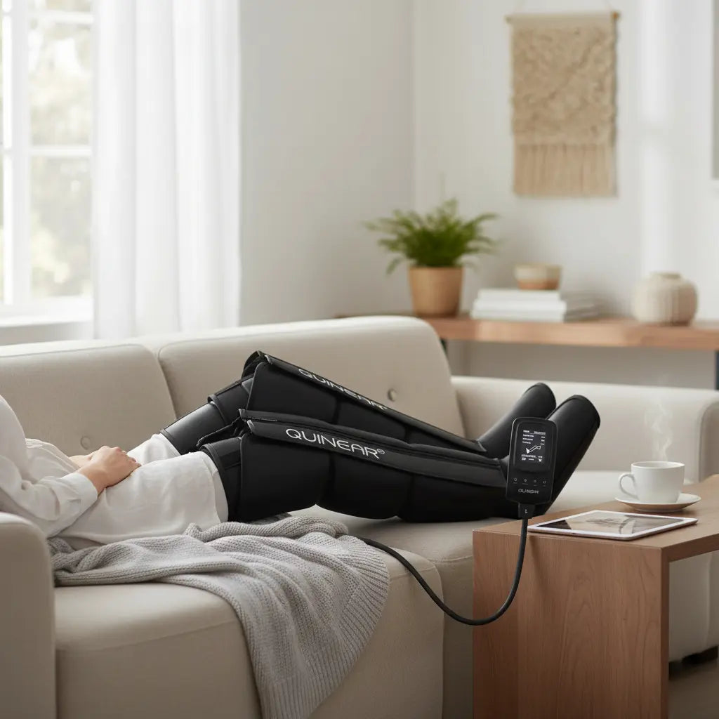 QUINEAR Air Compression Recovery System Professional Sequential Device for Massage Therapy Foot and Leg Recovery Boots to Improve Circulation for Athletes (Large) The Blue Coil