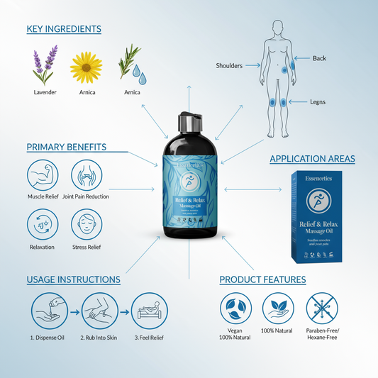 Essencetics 8 oz - Aceite de masaje para aliviar y relajar músculos doloridos con aceites 100 % puros de árnica, lavanda y romero. Alivia músculos y articulaciones con este aceite de masaje relajante para terapia de masaje.
