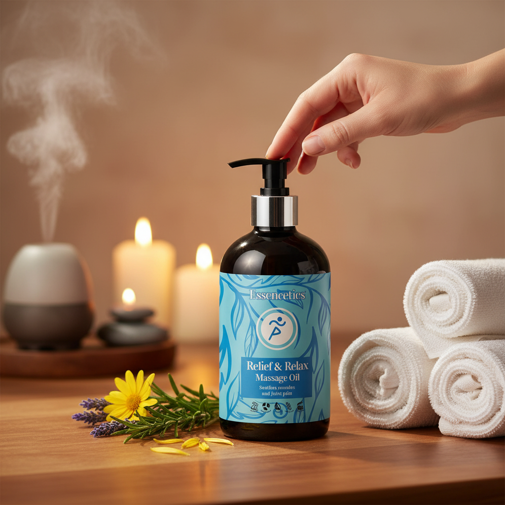 Essencetics 8 oz - Aceite de masaje para aliviar y relajar músculos doloridos con aceites 100 % puros de árnica, lavanda y romero. Alivia músculos y articulaciones con este aceite de masaje relajante para terapia de masaje.