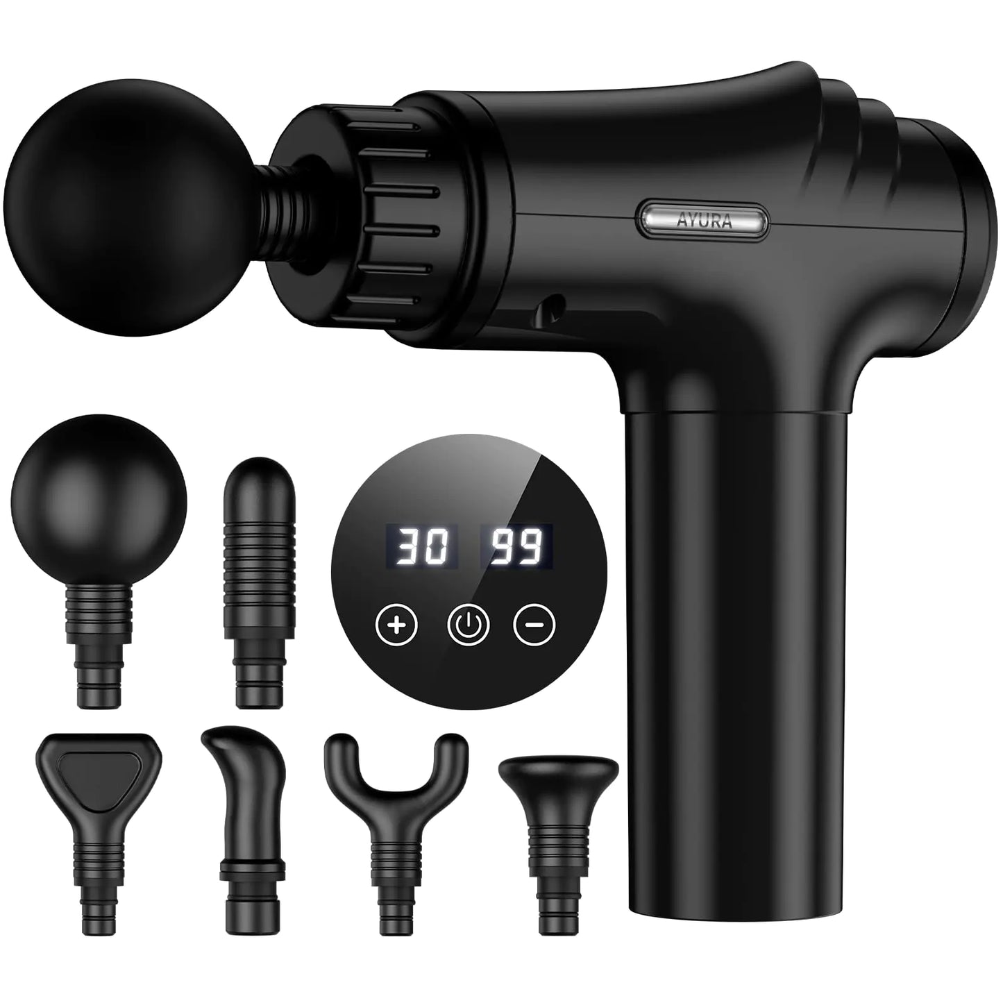 AYURA - Pistola de masaje de tejido profundo, masajeador muscular de percusión, masajeador de espalda portátil para aliviar el dolor, minipistola de masaje con 30 velocidades y 6 cabezales para atletas, hombres y mujeres.