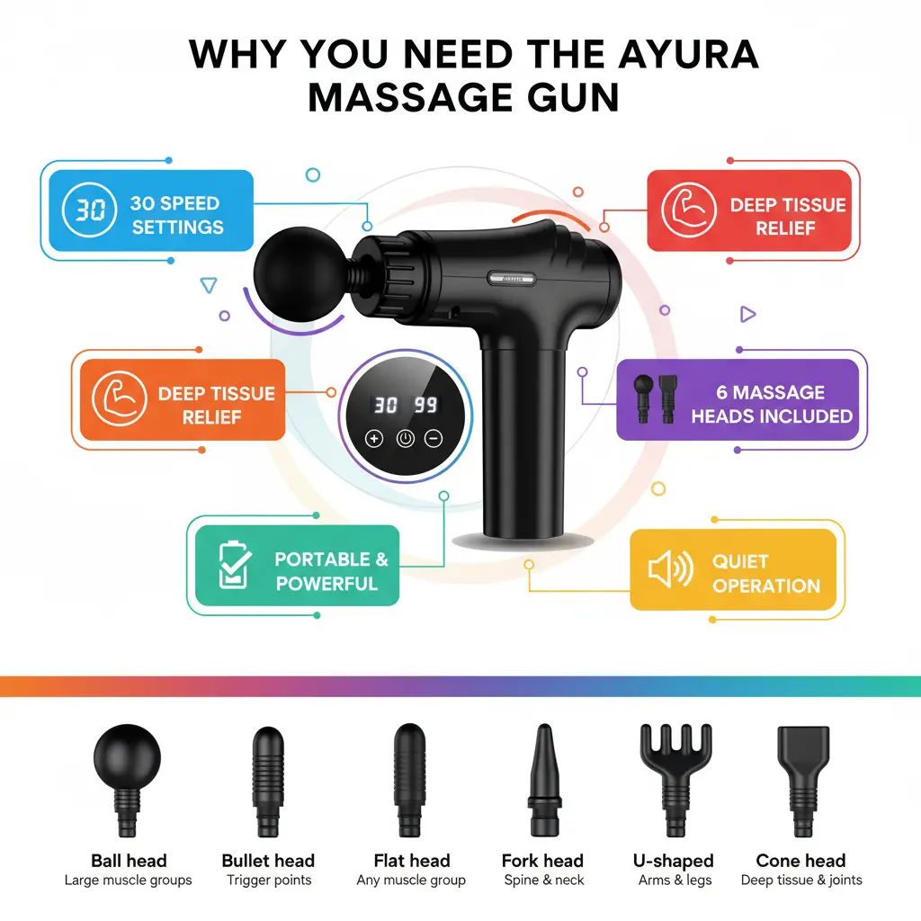 AYURA Massage Gun Deep Tissue Percussion Muscle Massager Gun Handheld Back Massager for Pain Relief Mini Massage Gun with 30 Speeds and 6 Heads for Athletes Men Women The Blue Coil