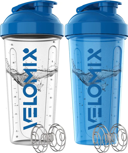 VELOMIX -2 Pack- 28 oz Protein Shaker Bottles for Protein Mixes - 2x Wire Whisk | Leak Proof Shaker Cups for Protein Shakes | Protein Shaker Bottle Pack | Shakers for Protein Shakes-Blue&Transparent