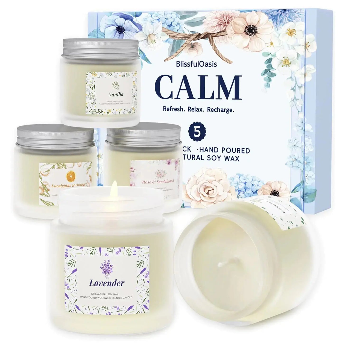 BlissfulOasis Scented Candles Long-Lasting Candles for Home Scented 5 Pack The Blue Coil