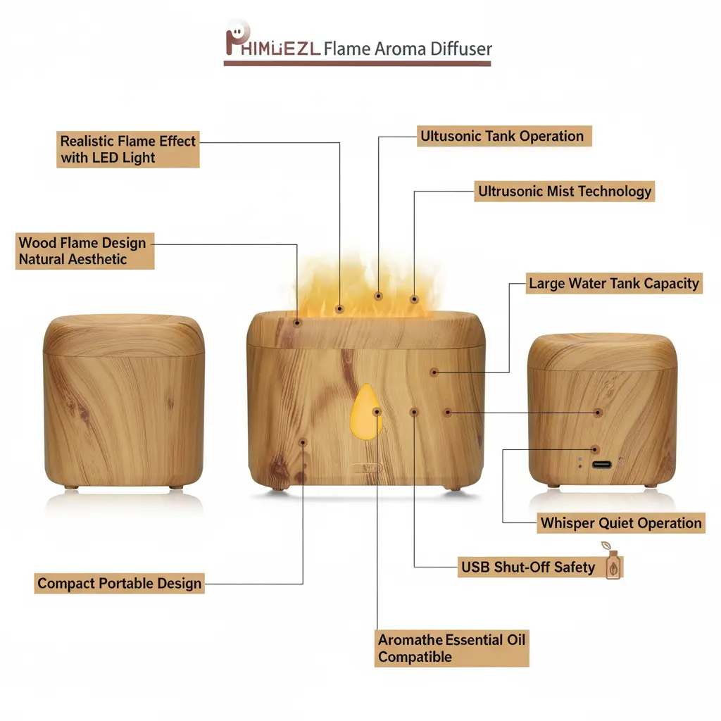 Flame Diffuser for Essential Oils 200ml Ultrasonic Aroma Diffusers with Cool Mist Aromatherapy Diffuser with Auto-Off Protection Small Humidifier for HomeOfficeBedroomGift (Wooden Grain) The Blue Coil