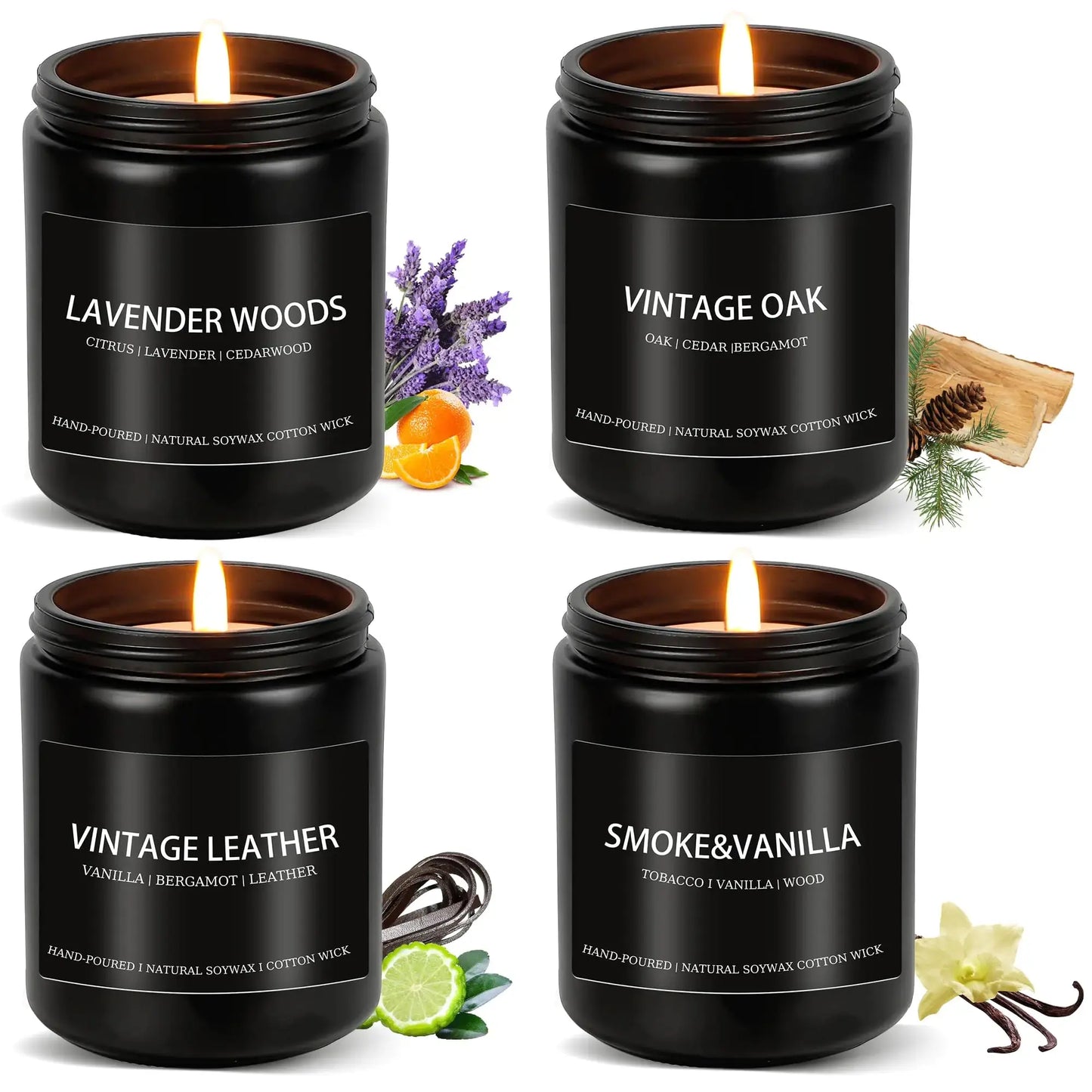 Scented Candles for Men Soy Candle Set Scented Candles for Home 4 Pack Men Candle Gift Natural Candles Scents of Lavender Oak Leather Smoke Vanilla The Blue Coil