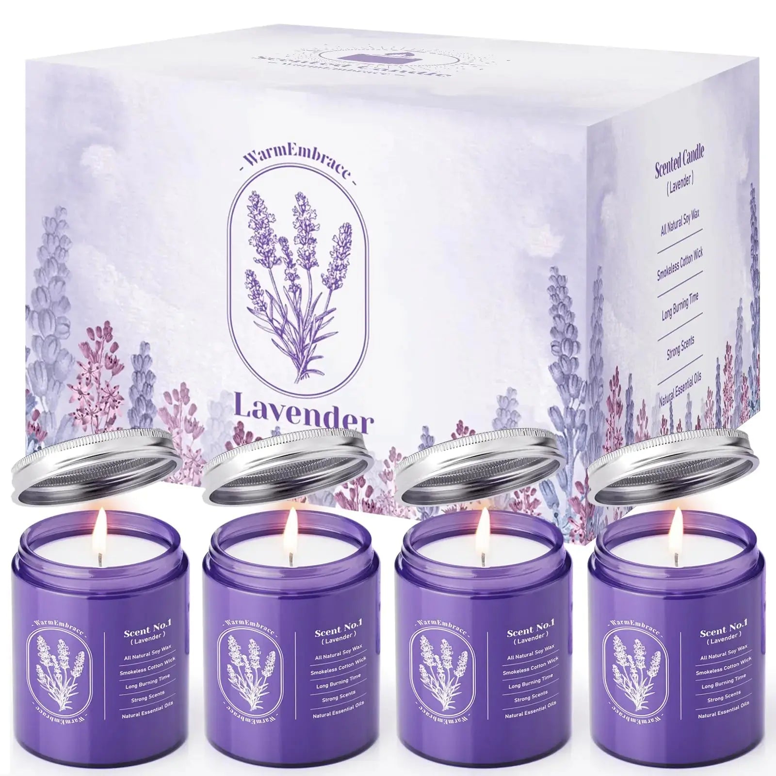 WarmEmbrace Lavender Candles for Home Scented 30.4 oz Aromatherapy Candle Purple Jar Candles Natural Candles for Women 160 Hour Long-Lasting Burn Scented Candles for Birthday - 4 Pack The Blue Coil