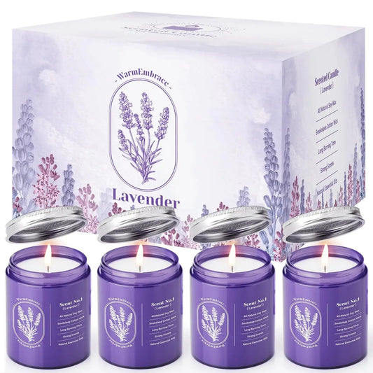 WarmEmbrace Lavender Candles for Home Scented 30.4 oz Aromatherapy Candle Purple Jar Candles Natural Candles for Women 160 Hour Long-Lasting Burn Scented Candles for Birthday - 4 Pack The Blue Coil