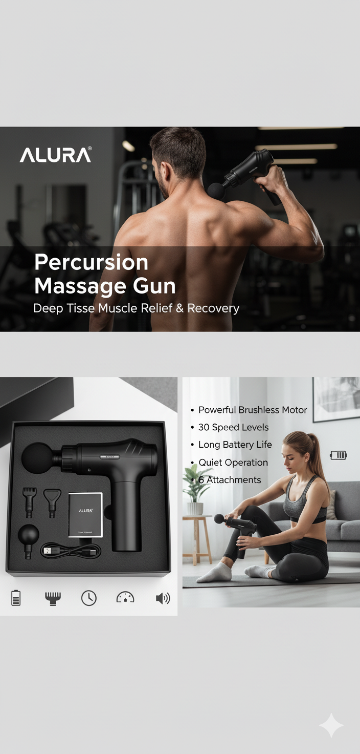 AYURA - Pistola de masaje de tejido profundo, masajeador muscular de percusión, masajeador de espalda portátil para aliviar el dolor, minipistola de masaje con 30 velocidades y 6 cabezales para atletas, hombres y mujeres.