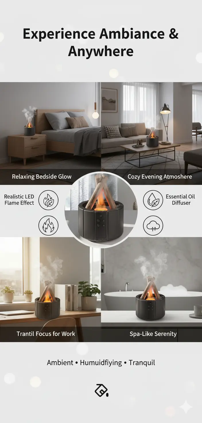 YALEDI Campfire Flame Fire Diffuser Bonfire Aromatherapy Essential Oil Diffuser 250ml Wood Cool Mist Humidifier for HomeBedroomOffice Remote Control Auto Shut-Off Night Light Gift (Black) The Blue Coil