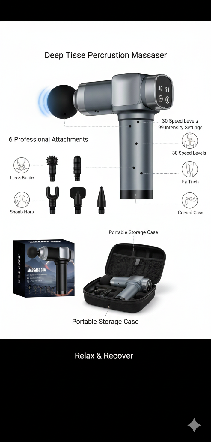 KUPAKY Massage Gun Deep Tissue Massage Gun for Pain Relief Handheld Electric Muscle Back Massager Super Quiet Percussion Electric Massager with 30 Speed Levels 6 Massage Heads Carry Case (Grey)