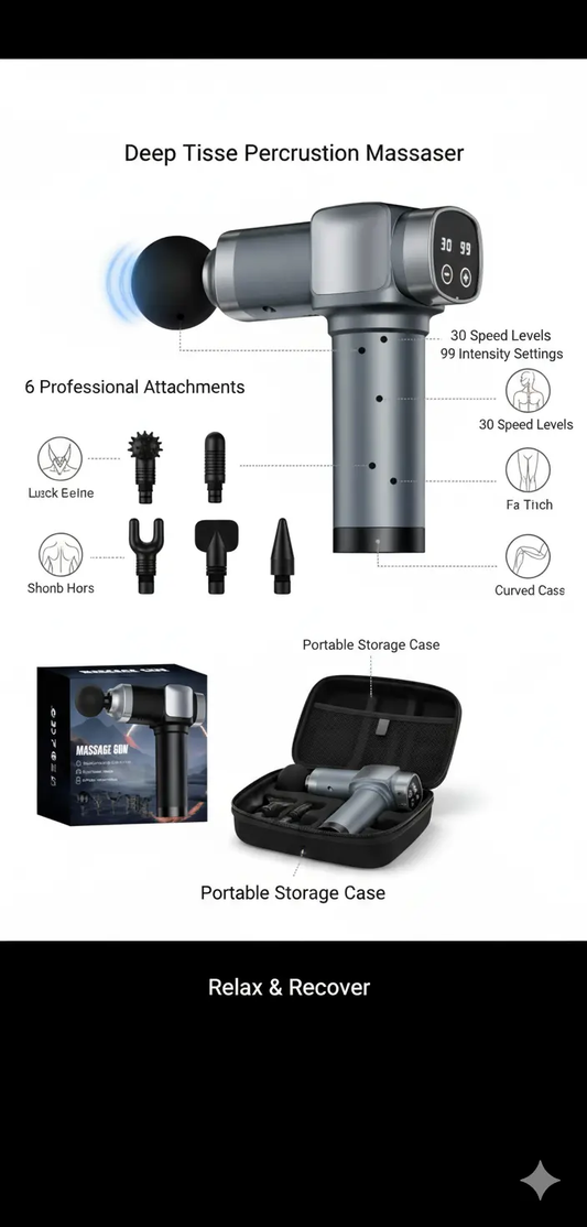 KUPAKY Massage Gun Deep Tissue Massage Gun for Pain Relief Handheld Electric Muscle Back Massager Super Quiet Percussion Electric Massager with 30 Speed Levels 6 Massage Heads Carry Case (Grey) The Blue Coil