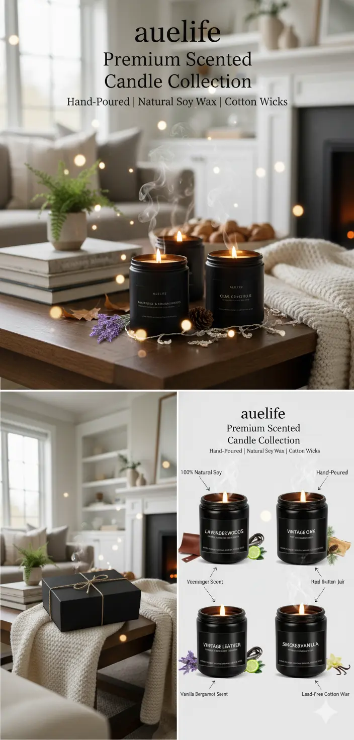 Scented Candles for Men Soy Candle Set Scented Candles for Home 4 Pack Men Candle Gift Natural Candles Scents of Lavender Oak Leather Smoke Vanilla The Blue Coil
